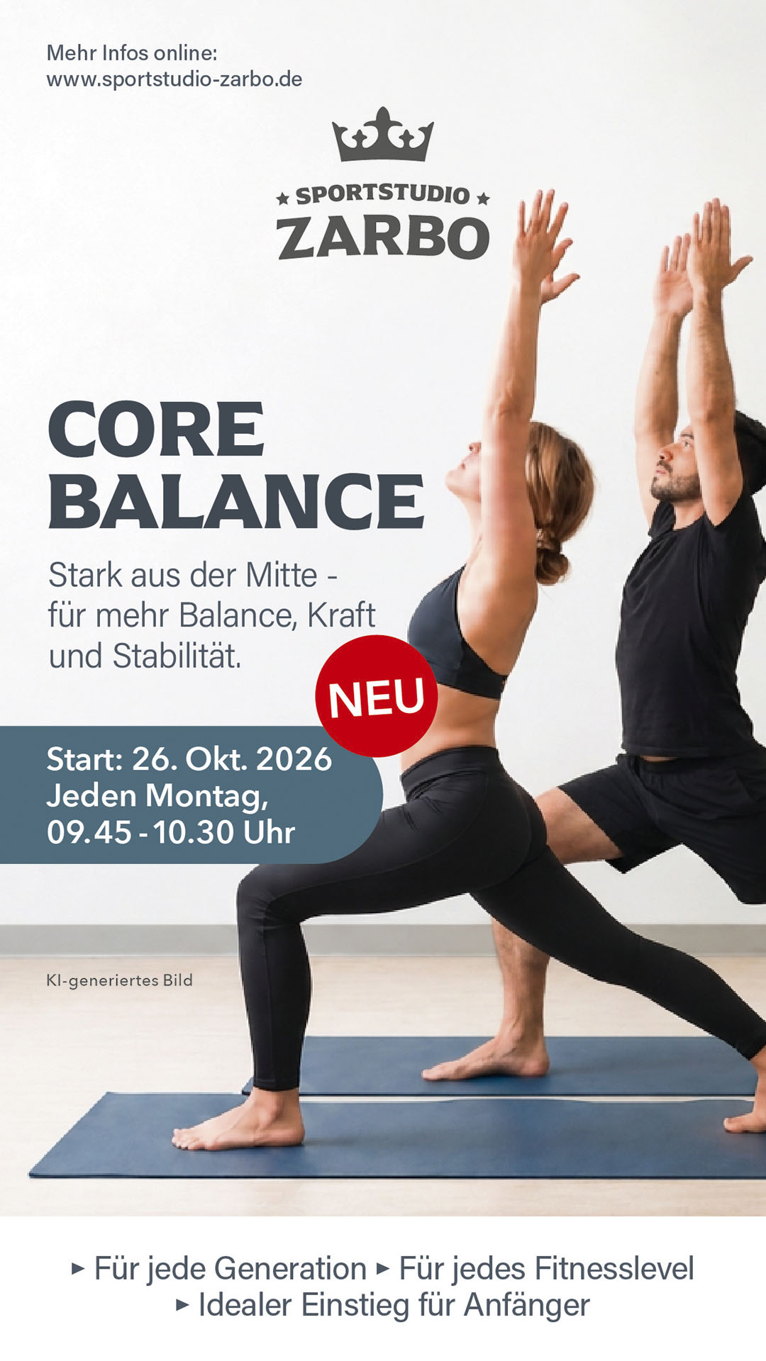 Neu: Core Balance ab 26. Oktober 2026, montags 9.45 bis 10.30 Uhr. Für jede Generation und jedes Fitnesslevel.